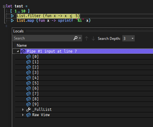 shows how Visual Studio locals window has values from the F# pipeline